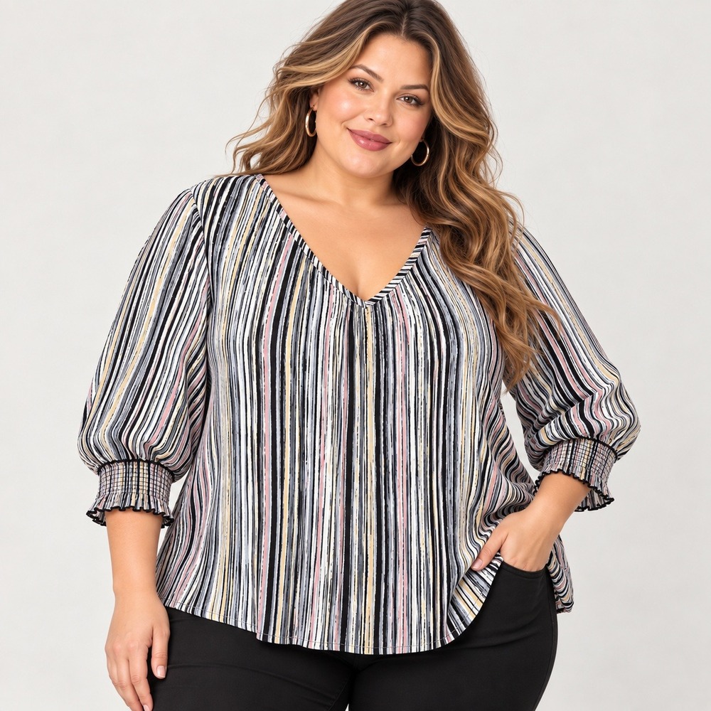 Sami & Jo Top Womens Plus 3X Black White Striped Stretch Smocked Cuff V-Neck
